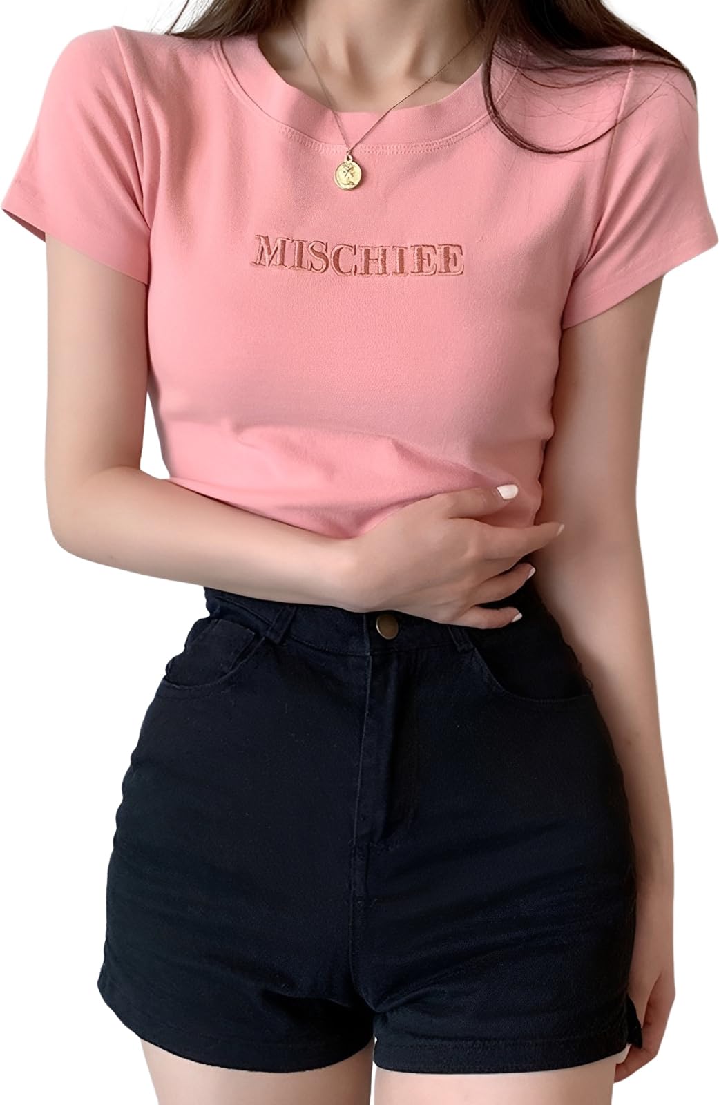 【送料無料】[BLANK BLANC] レディース Tシャツ 刺繍 ロゴ シンプル 丸首 ストレッチ ティーシャツ ミドル丈 カットソー 柔らかい 春 夏 色：ピンク、サイズ：L