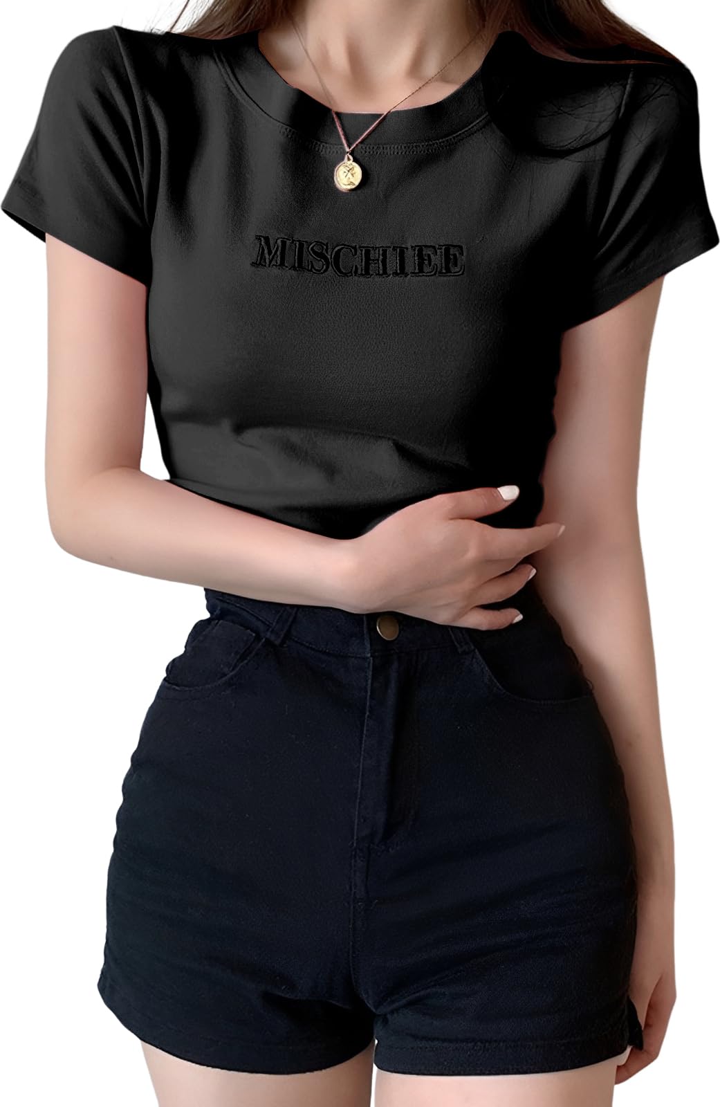 【送料無料】[BLANK BLANC] レディース Tシャツ 刺繍 ロゴ シンプル 丸首 ストレッチ ティーシャツ ミドル丈 カットソー 柔らかい 春 夏 色：ブラック、サイズ：M