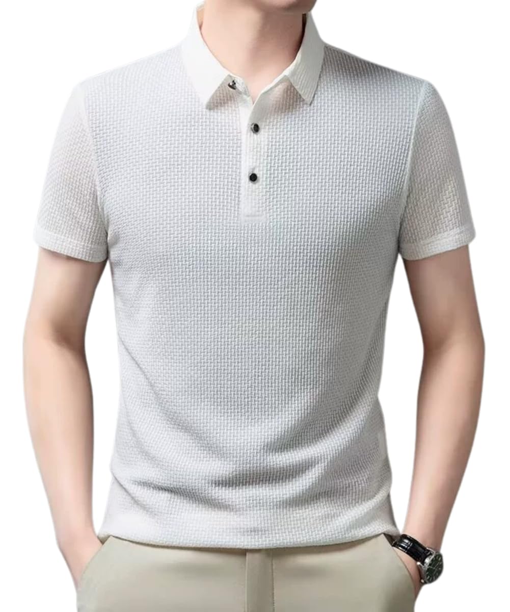 【送料無料】[amatsu] 【一枚で品格をまとう半袖ポロシャツ】 ポロシャツ メンズ 半袖 鹿の子 接触冷感 ストレッチ つるつる 色：ホワイト、サイズ：L