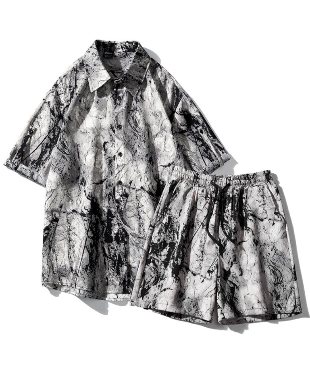 【送料無料】[amatsu] 【1枚羽織って夏をおしゃれに】 アロハシャツ 半袖シャツ 夏 カジュアル 大人 トップス 夏服 メンズ 色：柄I（上下セット）、サイズ：M