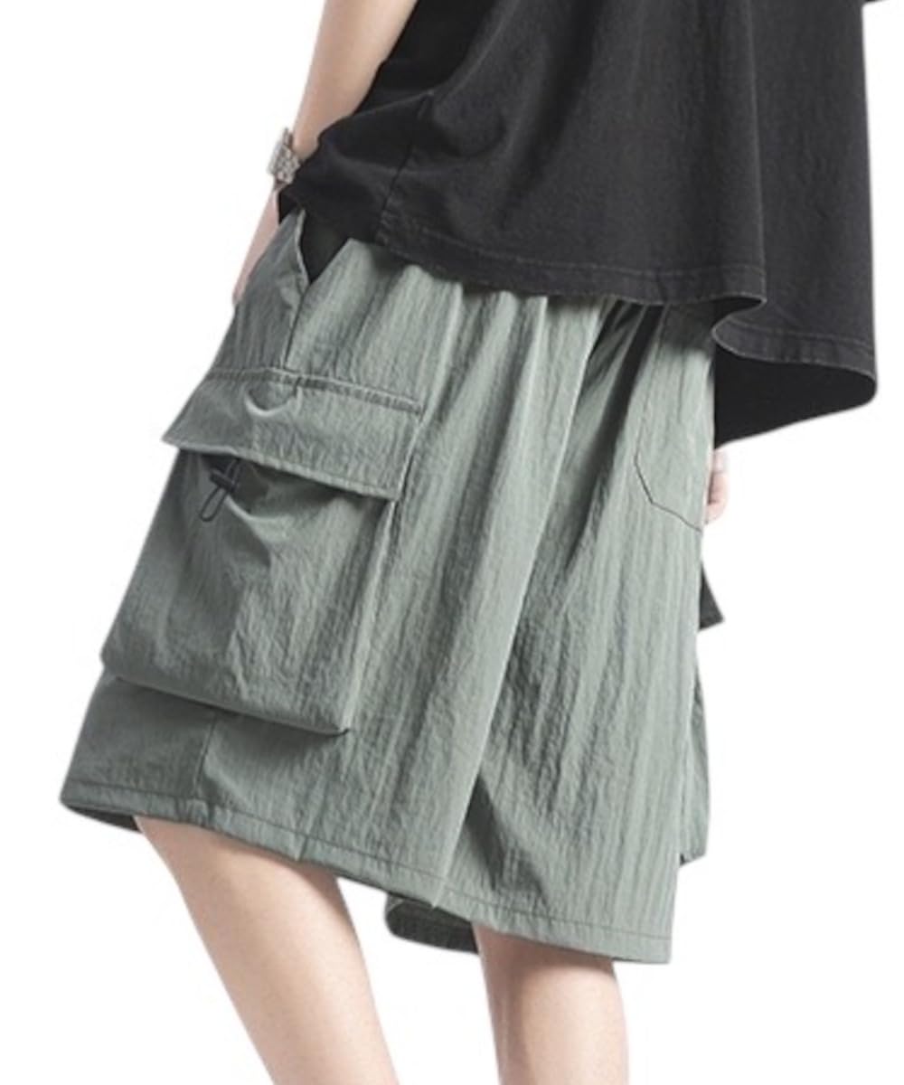 【送料無料】[amatsu] 【軽くてすぐ乾くナイロンカーゴ】 カーゴパンツ メンズ ハーフ 膝上 短パン アウトドア ナイロン 海 色：カーキ、サイズ：L