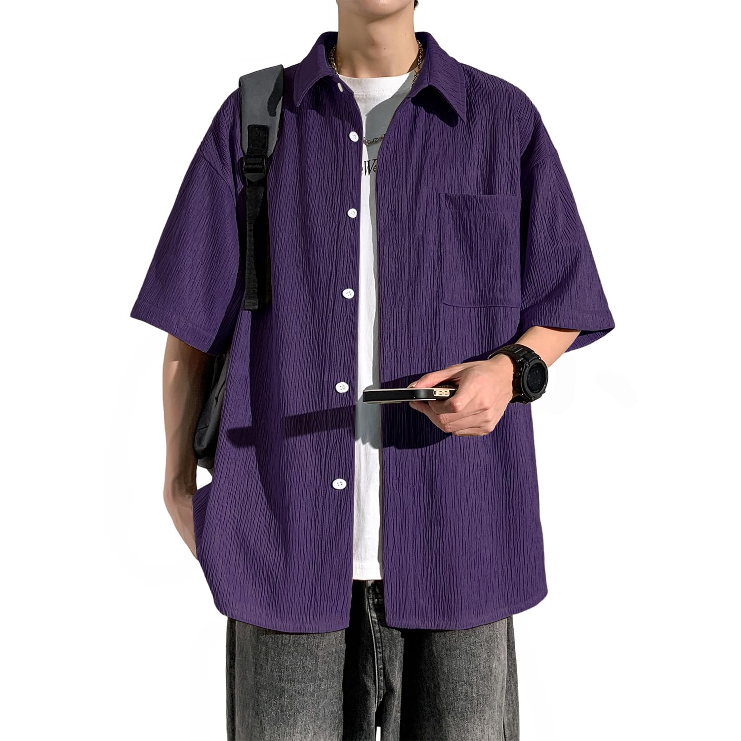 【送料無料】[FUZHIHUA] シャツ メンズ 半袖 ゆったり 吸汗速乾 通気性 夏服 無地 柔らかい 涼しい 涼感 快適な軽い シンプル カジュアル かっこいい ワイシャツ 大きいサイズ 春 夏 秋 色：10#パープル、サイズ：M
