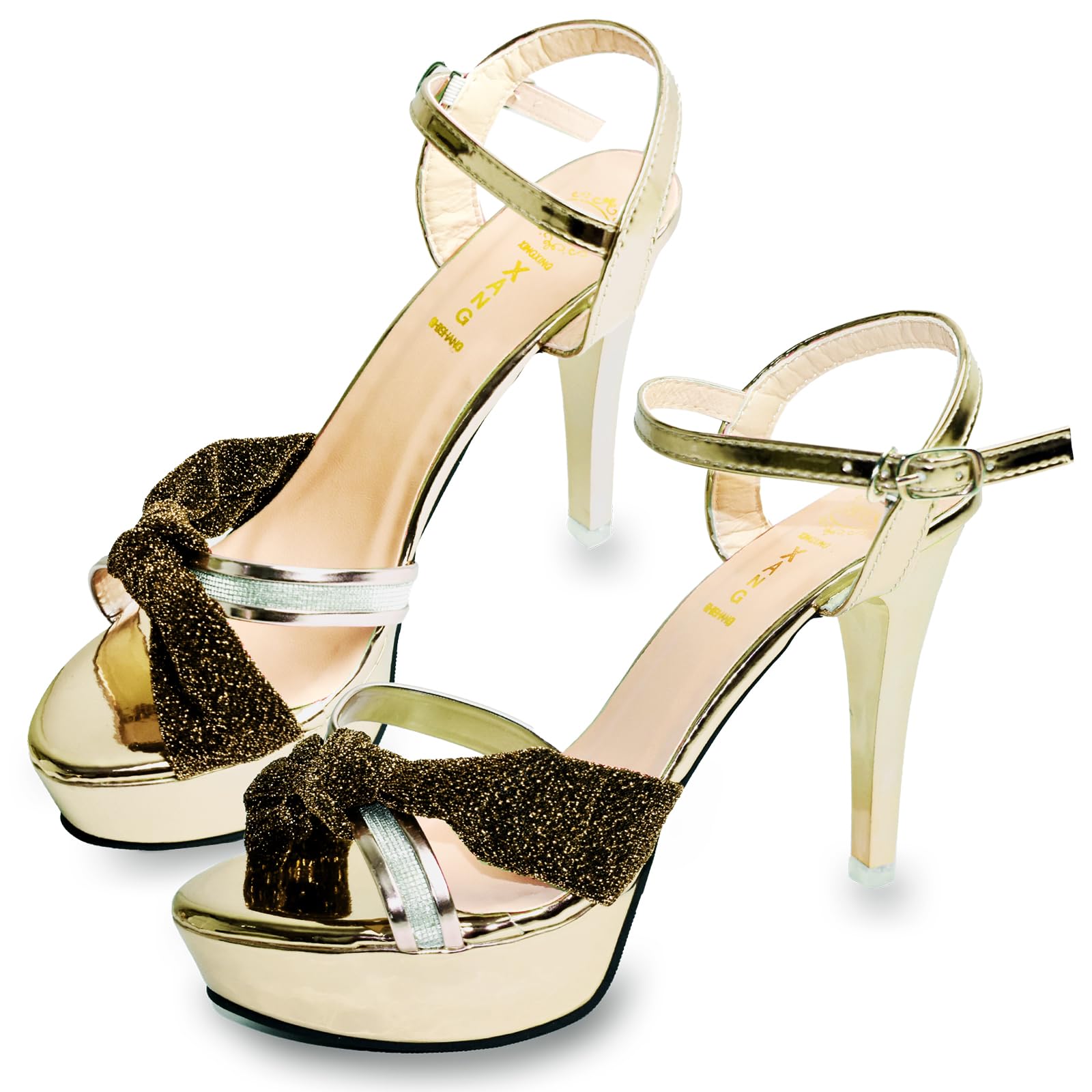 【送料無料】[ALVEIN] サンダル パーティー ハイヒール ピンヒール 美脚 レディース きらきら 歩きやすい ラメ 厚底 ストラップ キャバ 色：ゴールド、サイズ：24.5 cm