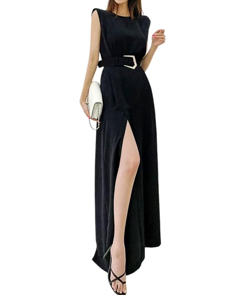 【送料無料】[Collecala] オールインワンスーツ レディース夏服 ノースリーブワイドパンツ スリットあきセクシー夏服 夏洋服 マキシロングパンツ 色：ブラック、サイズ：XL