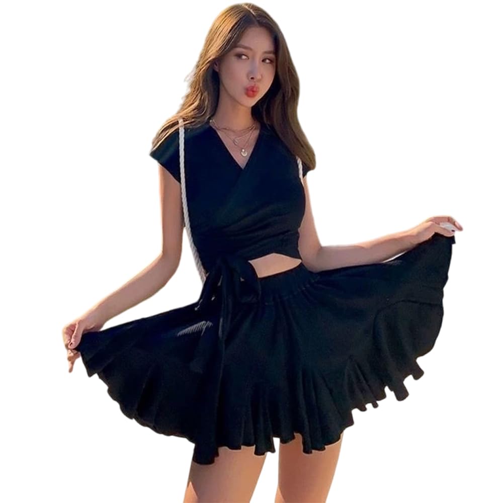 【送料無料】[fyetemon] レディース水着 3点セット スカート付き セパレート 上下セットアップ 体型カバー 夏用 着痩せ効果 ブラック M～XL (JP, アルファベット, M, 標準, ブラック) 色：ブラック