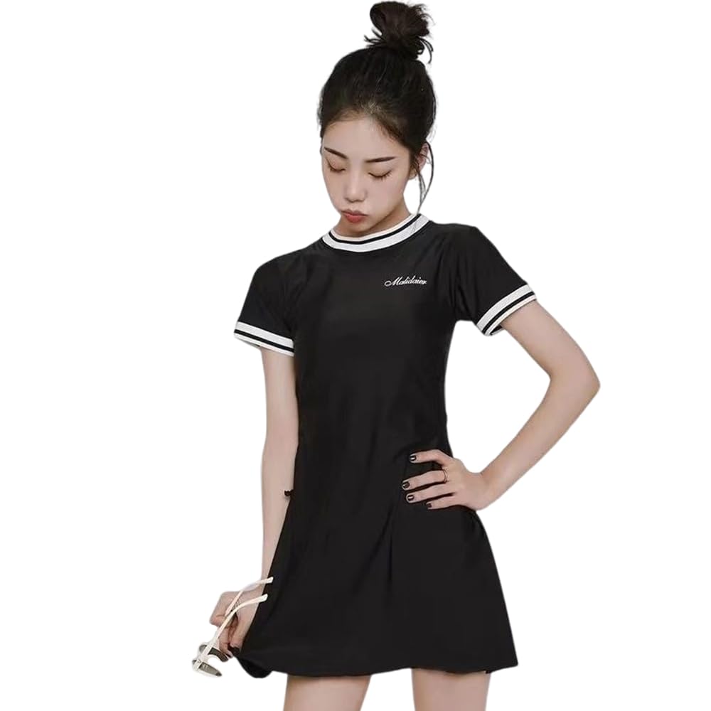 【送料無料】[fyetemon] レディース水着 ワンピース風 セパレート スカート付き 体型カバー 半袖 平角パンツ付き 温泉・ビーチ対応 S～XL ブラック 色：ブラック、サイズ：S