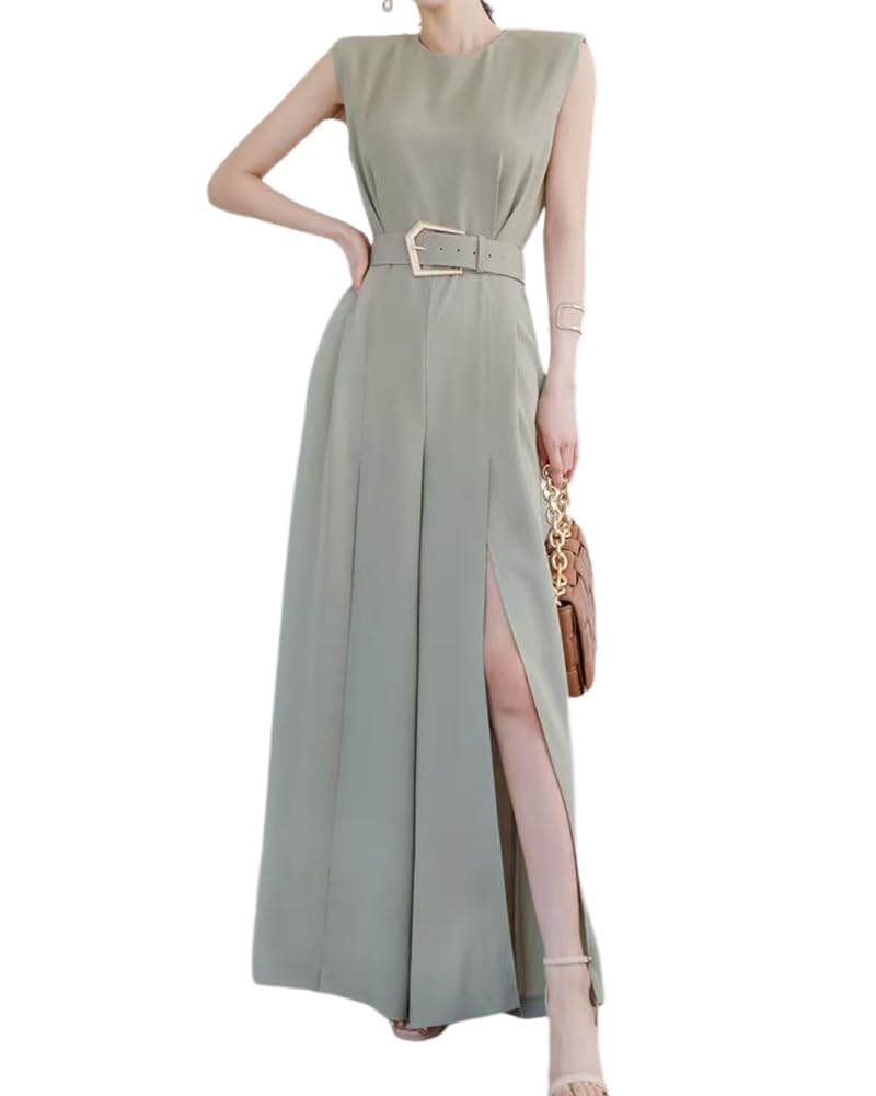 【送料無料】[Collecala] オールインワンスーツ レディース夏服 ノースリーブワイドパンツ スリットあきセクシー夏服 夏洋服 マキシロングパンツ 色：ミント、サイズ：2XL