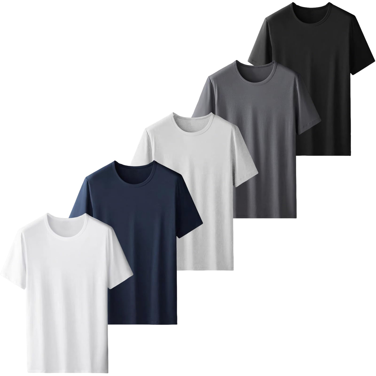 【送料無料】[HISITOSA] インナーシャツ 3枚セット 5枚組 【驚異の柔らかさ】 肌着メンズ 半袖 丸首 薄手 春 夏 秋【驚異の吸汗速乾力】 シャツ 下着 無地 抗菌 防臭 【驚異的な伸縮性 色：5枚組（ブラック+ホワイト+ライトグレー+ダークグレー+ネイビー）、サイズ：XL