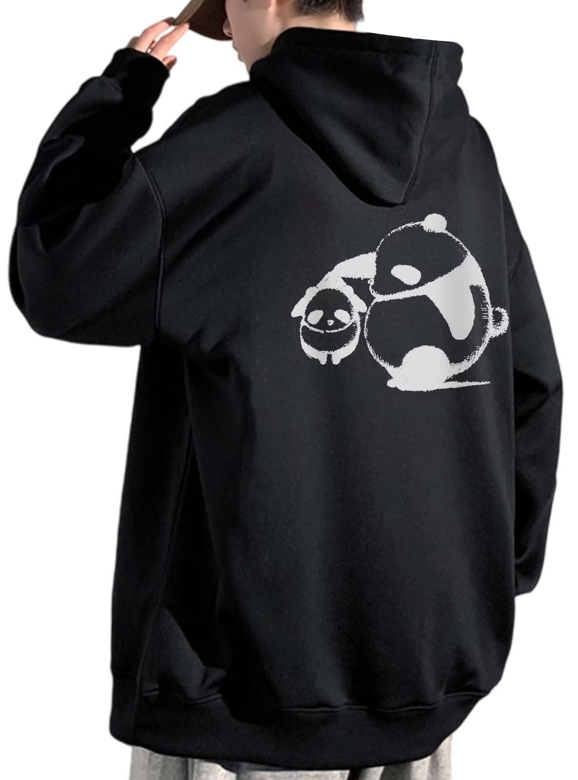 【送料無料】[Bligo] メンズ パーカー 秋服 長袖 L-5XL パンダ柄 ポケット付き 無地 大きいサイズ ゆったり おしゃれ プルオーバー カジュアル 人気 バックプリント 快適 トレーナー シンプル 柔らかい 普段着 冬 春服 色：446-ブラック、サイズ：5XL