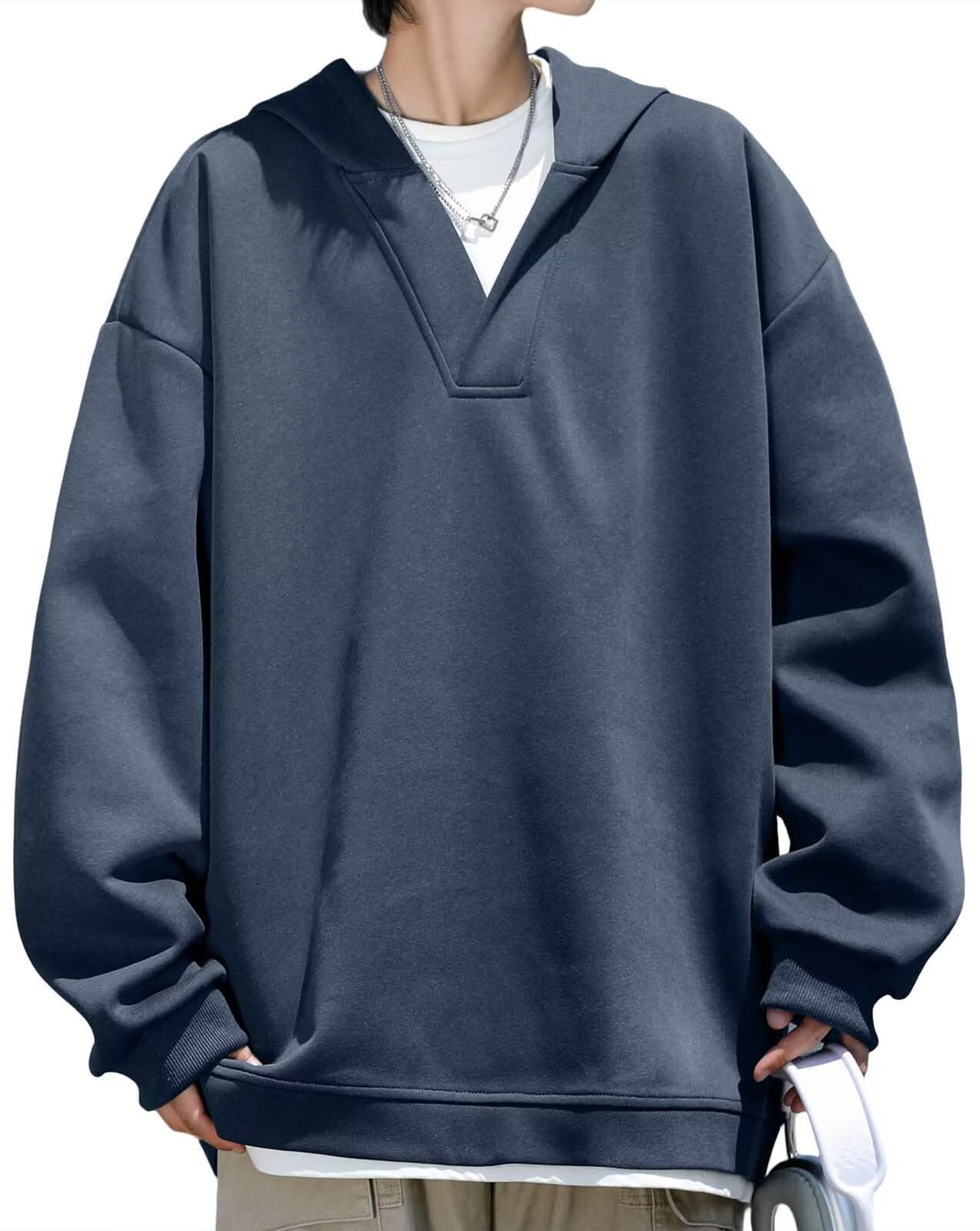 【送料無料】[Bligo] メンズ パーカー 秋服 重ね着風 vネック L-8XL 大きいサイズ 人気 ファッション 無地 カジュアル 快適 プルオーバー 丸首 ドロップショルダー カットソー ゆったり 上着 ロンt 普段着 通勤 通学 冬 春 色：963-ブルー、サイズ：XL