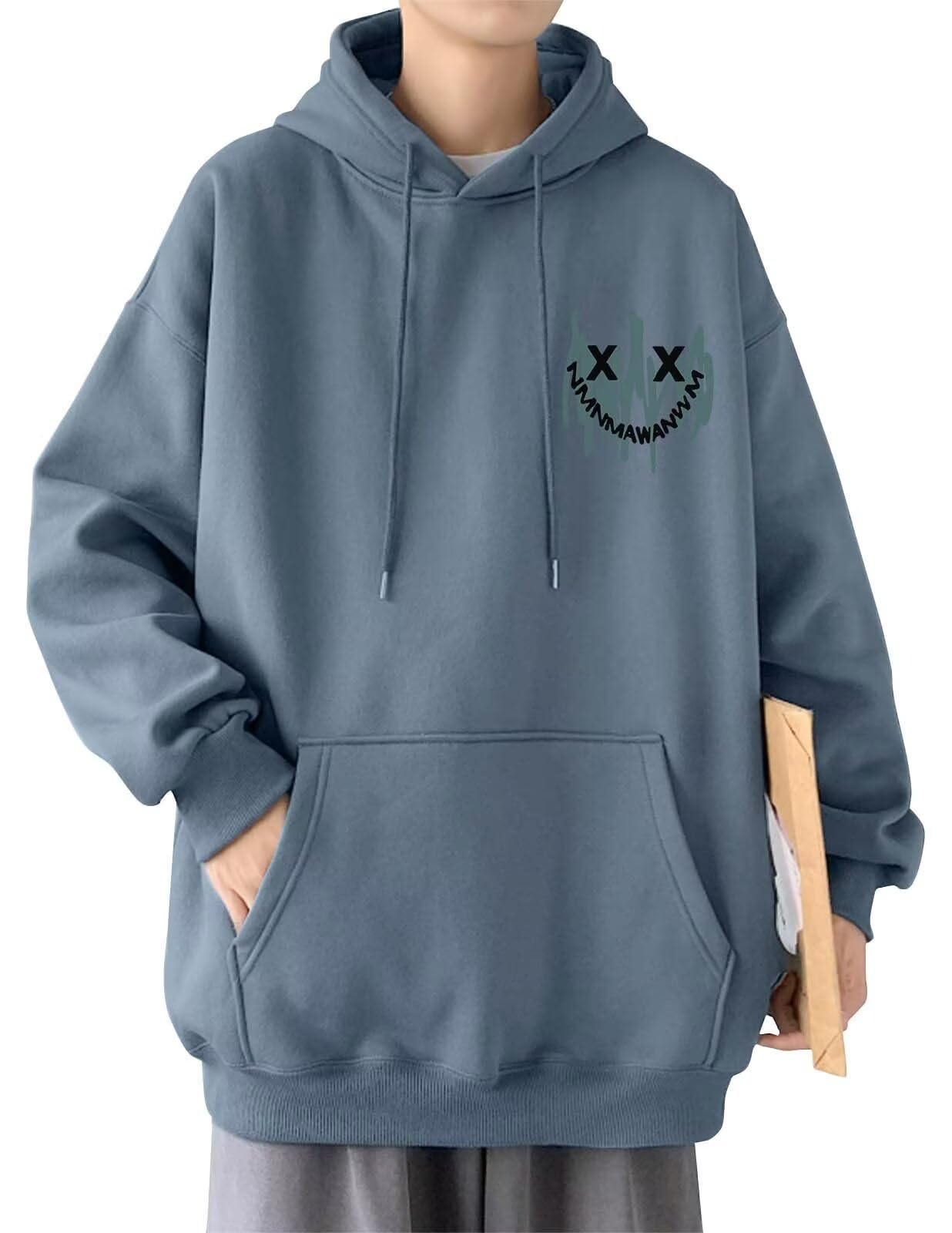 【送料無料】[Bligo] メンズ パーカー 秋服 大きいサイズ 長袖 L-5XL 人気 シンプル フロント プリント おしゃれ ゆったり 快適 カジュアル 無地 ドロップショルダー プルオーバー ポケット付き 可愛い ロンt 冬服 春 普段着 色：703-ブルー、サイズ：3XL