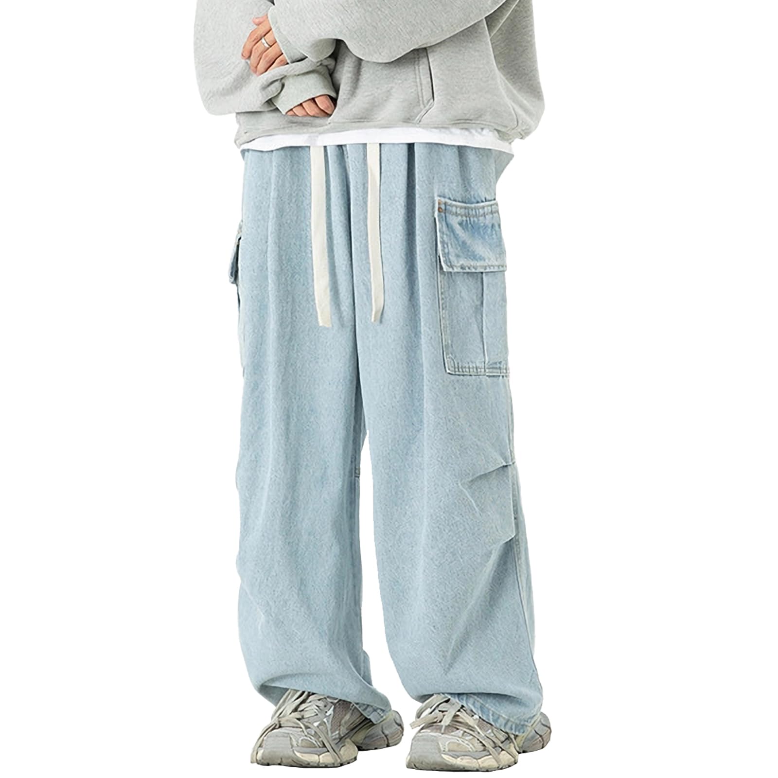 【送料無料】[maytopia] ジーンズ ジーパン デニムパンツ ワイドデニム カーゴパンツ メンズ レディース デニム 大きいサイズ ストレート ワイド ゆったり カジュアル おしゃれ 春 秋 CK261 色：ブルー、サイズ：S