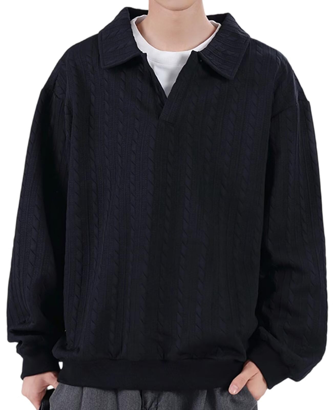 【送料無料】[Bligo] メンズ トレーナー 秋服 L-8XL 襟付き 長袖 無地 重ね着風 おしゃれ 大きいサイズ..