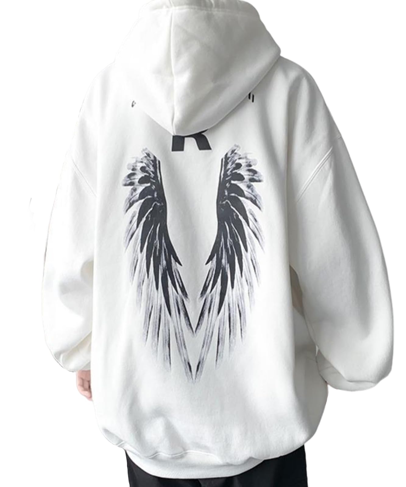 【送料無料】[BLANK BLANC] パーカー フーディー メンズ ビックシルエット 羽 プリント カジュアル ゆったり 秋冬 B05 色：ホワイト、サイズ：XL