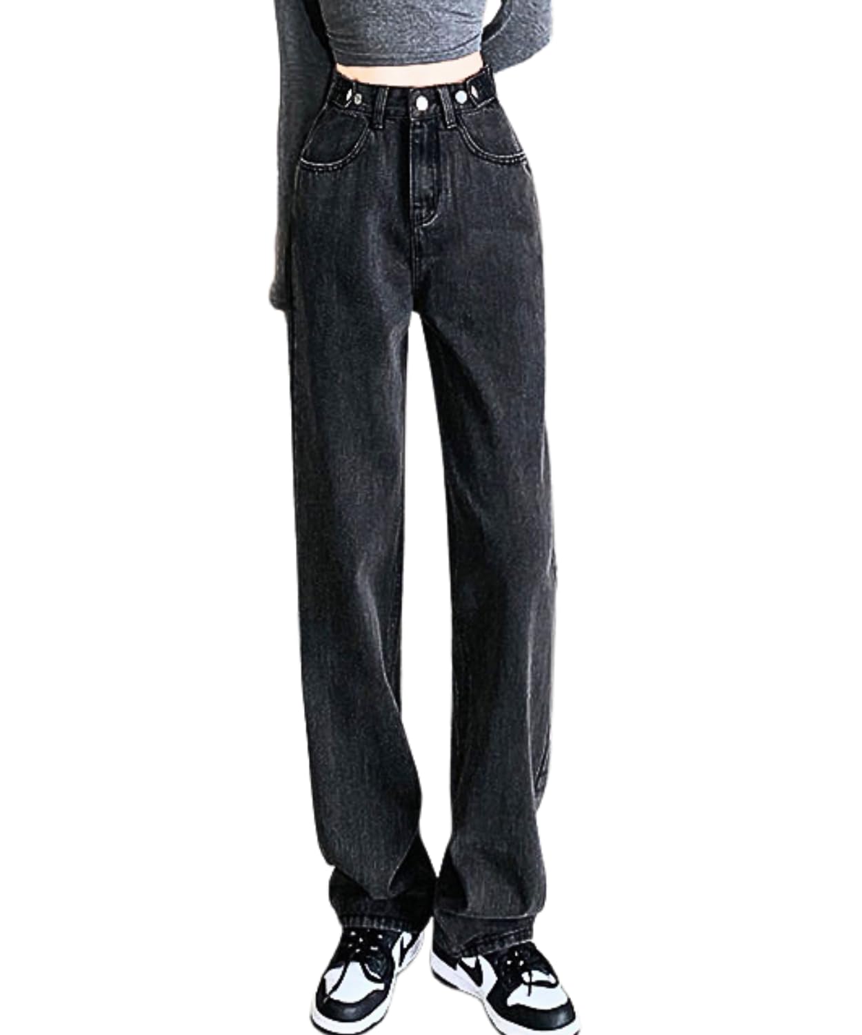 【送料無料】[Dep Club] ウエスト調節可 ハイウエストデニム レディース デニムパンツ ストレート じーんすレディース デニム jeans pants for women ボタン ゆったり 春 夏 秋 冬 色：ブラック、サイズ：L