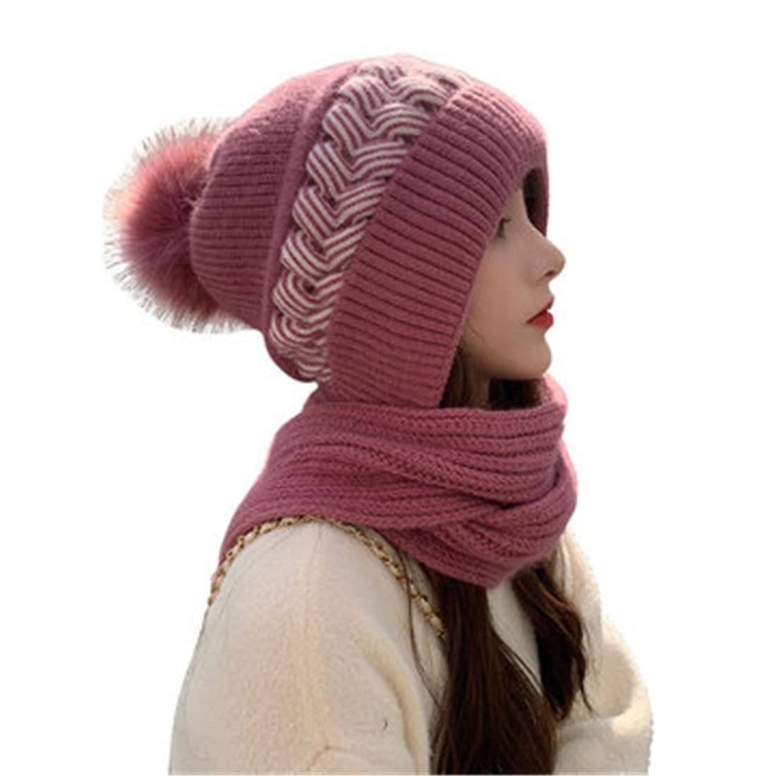 【送料無料】[ジャンーウェ] 帽子 ネックウォーマー ニット帽 一体化セット 帽子 マフラー フード付き 女性 ニット帽 小顔効果 秋冬 帽子 キャップ 防寒対策 アウトドア お出かけ 遊び スキー (パープル,M)
