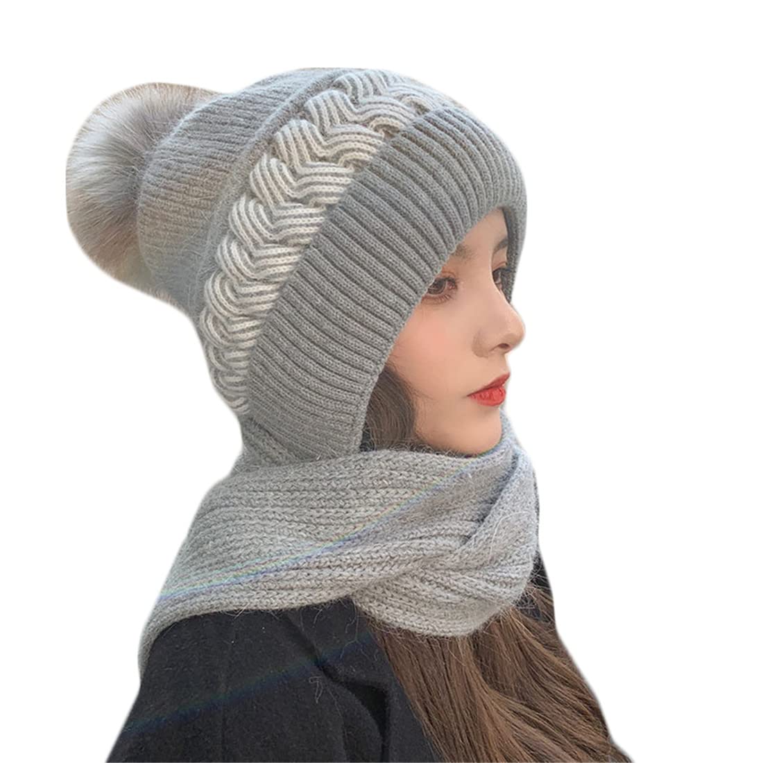 【送料無料】[ジャンーウェ] 帽子 ネックウォーマー ニット帽 一体化セット 帽子 マフラー フード付き 女性 ニット帽 小顔効果 秋冬 帽子 キャップ 防寒対策 アウトドア お出かけ 遊び スキー (グレー,M)