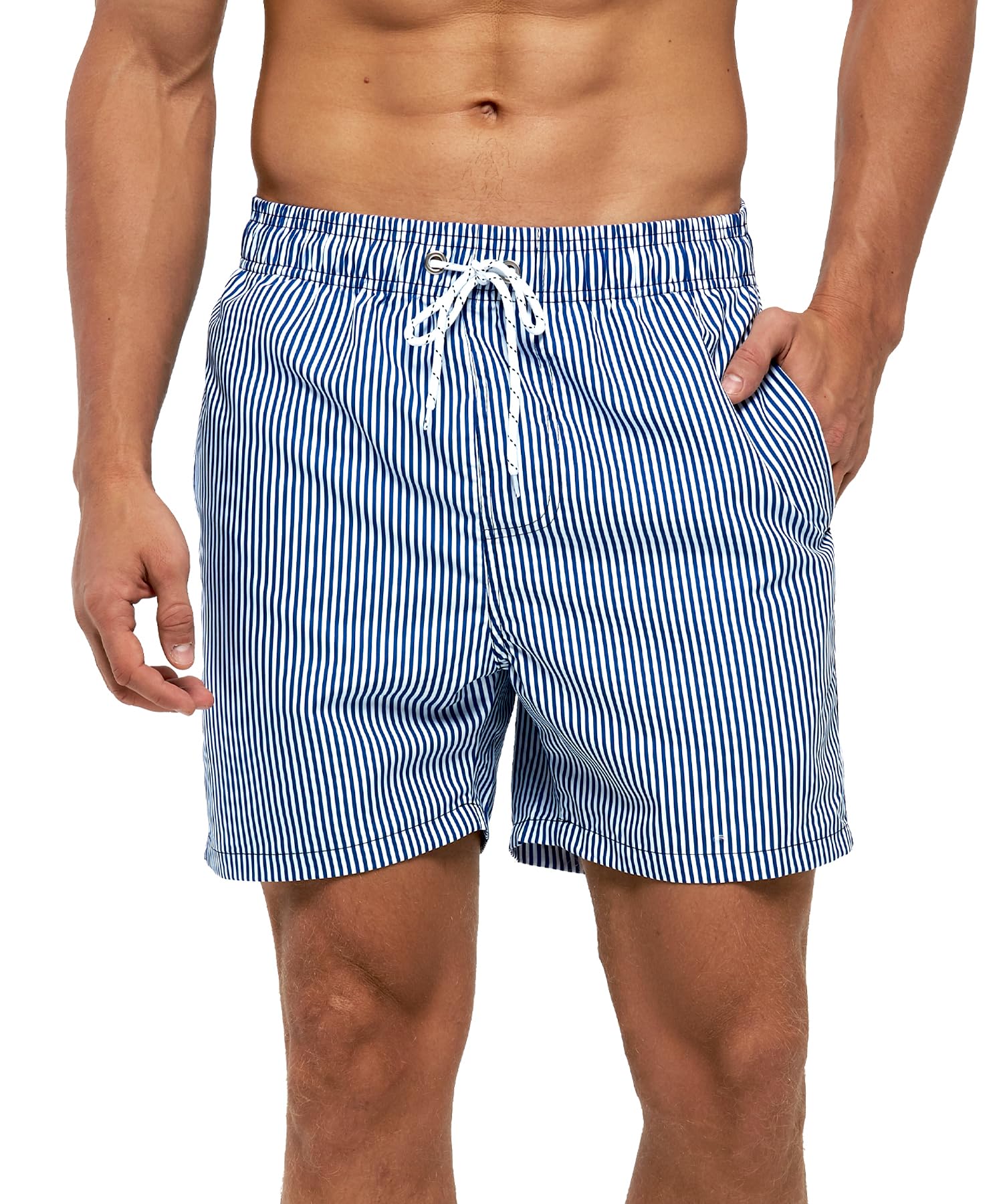 【送料無料】[Yotonna] ヨトンナ ハワイ風 海水パンツ 水着 サーフパンツ メンズ 海パン [水陸両用・吸水速乾] トランクス 短パン ボードショーツ ビーチパンツ スイムウェア おしゃれ メッシュインナー付き 大きいサイズ M～4 色：ストライプ柄（青藍色）、サイズ：2XL