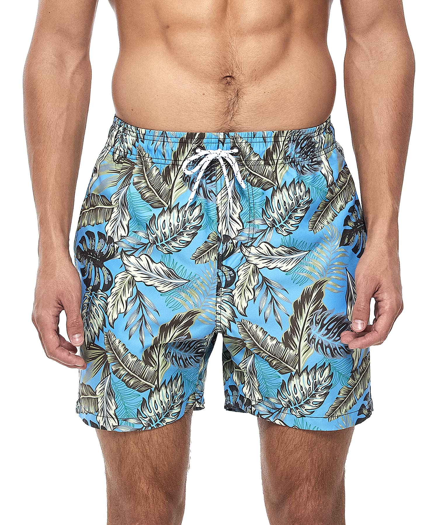 【送料無料】[Yotonna] ヨトンナ ハワイ風 海水パンツ 水着 サーフパンツ メンズ 海パン [水陸両用・吸水速乾] トランクス 短パン ボードショーツ ビーチパンツ スイムウェア おしゃれ メッシュインナー付き 大きいサイズ M～4XL 色：棕櫚葉柄(勿忘草色)、サイズ：XL