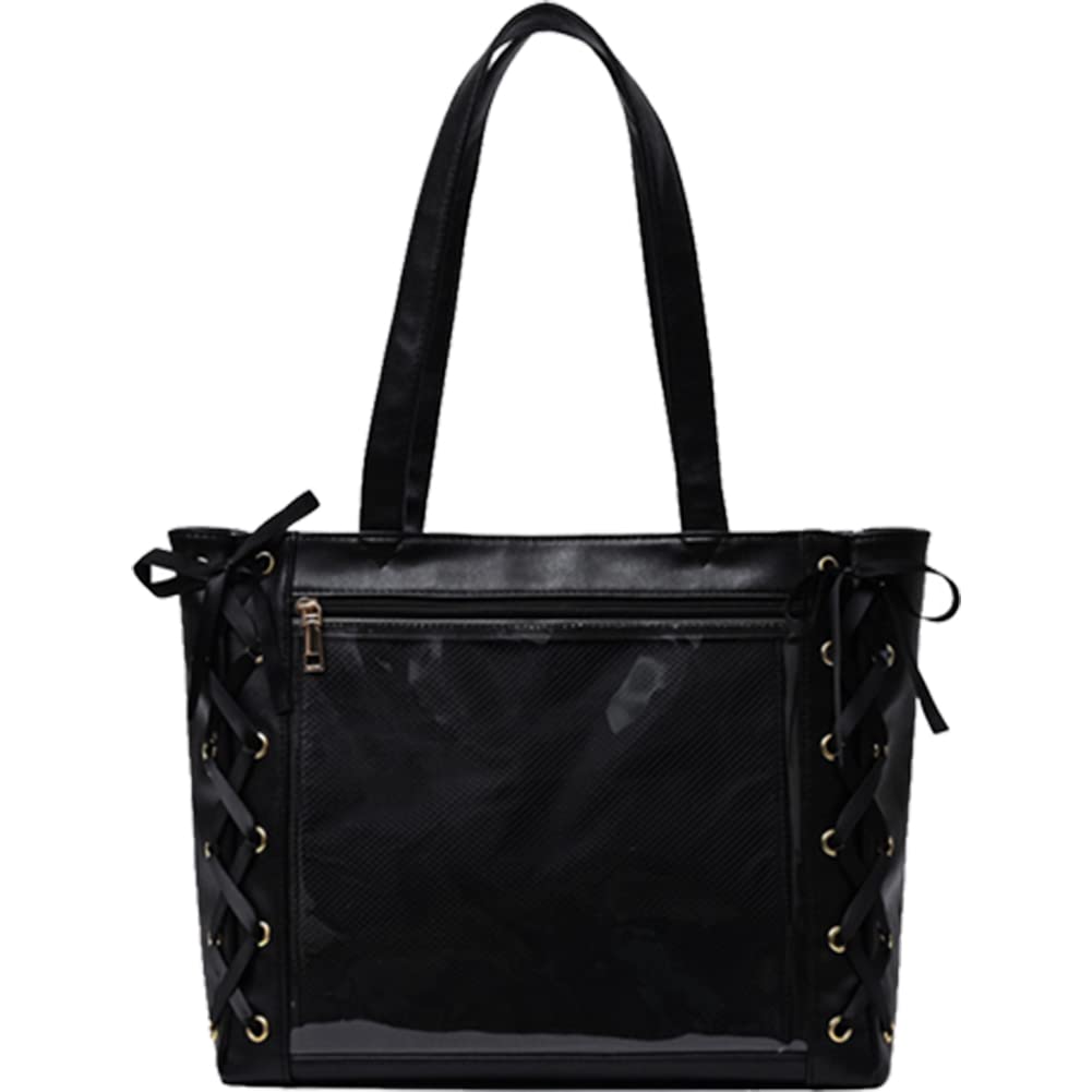 【送料無料】[YUYAKESHI] 痛バッグ 透明窓 PU リボン飾り 大容量 ハンドバッグ 見せバッグ 鞄 トートバッグ 痛マット付 缶バッジ用 防水 痛バ 2way 色：ブラック