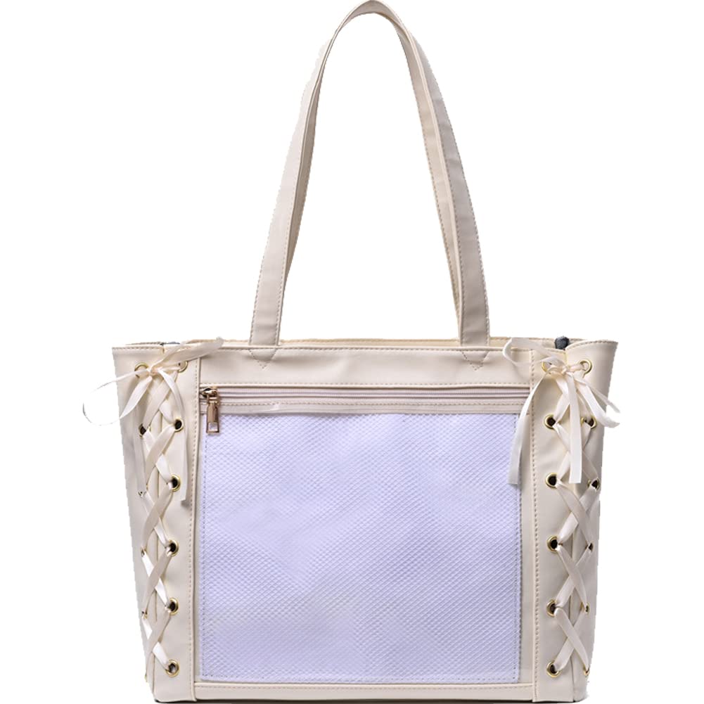 【送料無料】[YUYAKESHI] 痛バッグ 透明窓 PU リボン飾り 大容量 ハンドバッグ 見せバッグ 鞄 トートバッグ 痛マット付 缶バッジ用 防水 痛バ 2way 色：ベージュ、サイズ：36*9*31cm