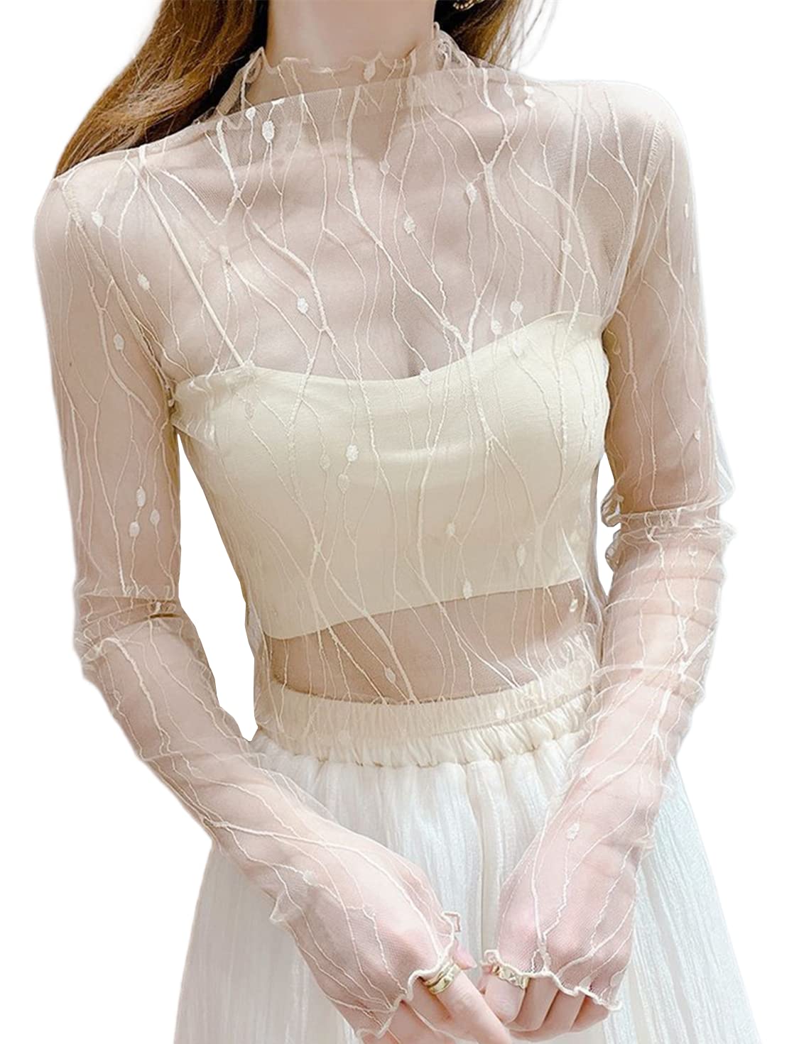 【送料無料】[newsight] シアー トップス 総レース シースルー レディース 春 秋 絶妙な透け感・肌見せ・重ね着・着回し力 高伸縮 ブラウス チュール メロー加工 ハイネック インナー 軽量 薄手 長袖 花柄 春 夏 秋 稲光 色：ベージュ、サイズ：Free Size