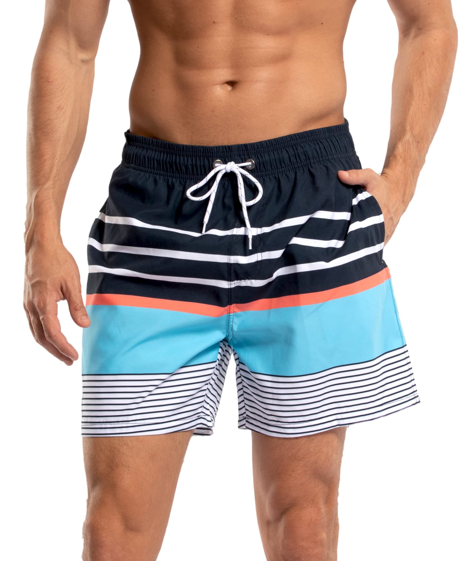 【送料無料】[Yotonna] ヨトンナ ボーダー柄 海水パンツ 水着 サーフパンツ メンズ 海パン [水陸両用・吸水速乾] トランクス 短パン ボードショーツ ビーチパンツ スイムウェア おしゃれ メッシュインナー付き 大きいサイズ 色：ネイビー/ホワイト/オレンジ、サイズ：M