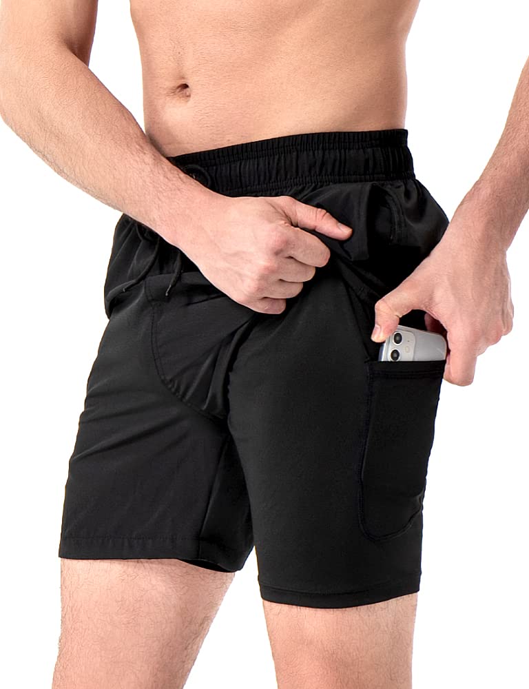 【送料無料】[Yotonna] 水着 メンズ サーフパンツ トランクス 海水パンツ 海パン [圧縮インナー付き・携帯用ポケット付き] 水陸両用 通気 速乾 スイムウェア 短パン ボードショーツ ビーチパンツ スポーツ トレーニング 海水浴 プール 色：ブラック、サイズ：2XL