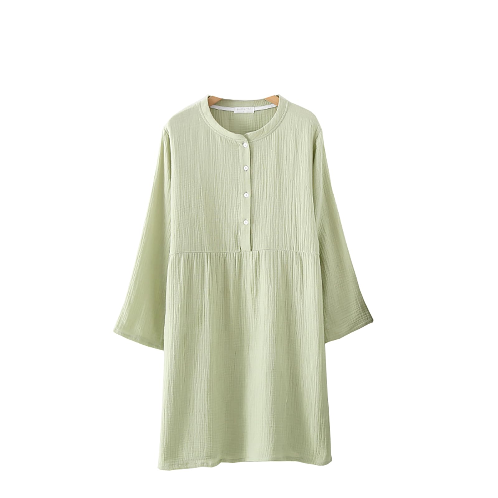 【送料無料】[zuevichn] ルームワンピース レディース 長袖 ルームウェア 二重ガーゼ 綿 Tシャツワンピ部屋着 無地 ネグリジェ ゆったり 薄手 パジャマ 可愛い 寝間着 春 夏 秋 冬 色：グリーン、サイズ：L