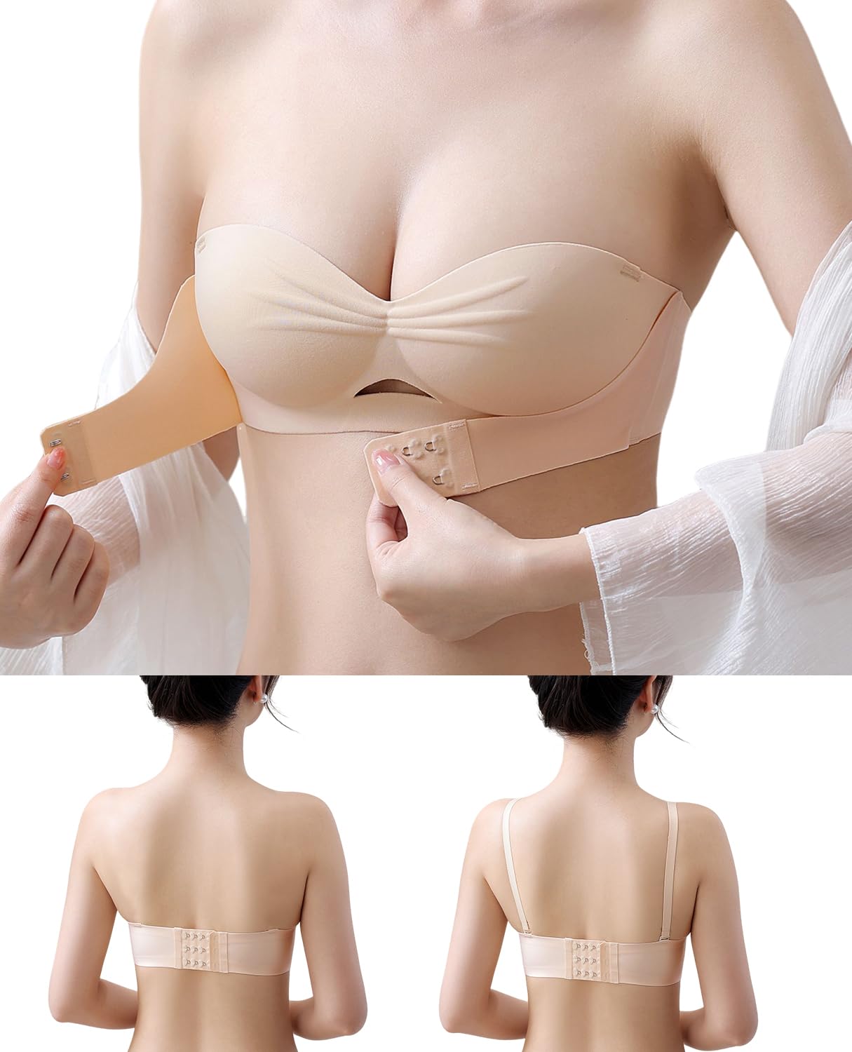 【送料無料】[Kayuuhin] 無縫製 ストラップレスブラ チューブトップ シームレス 紐なしブラ ダンスてもズレ落ちず滑り止め 脇高 ノンワイヤー 背中見せブラ インナー 寄せ 盛れる 谷間見せない 結婚式 オフショル レジャー リゾート 色：肌色、サイズ：L