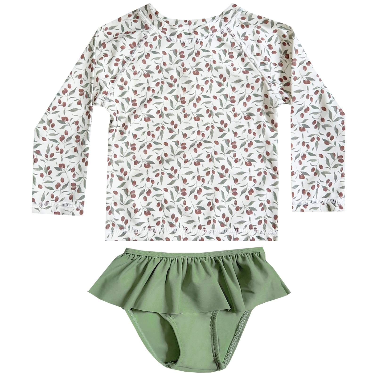 【送料無料】[GoUseGo] キッズ 水着 女の子 3点セット 長袖ラッシュガード フリルパンツ 帽子 子ども用水着 セパレート スイムウェア 子供 上下セット 幼児 ベビー水着 80〜130cm 幼稚園 保育園用 紫外線対策 UVカット 色：オリーブ、サイズ：100