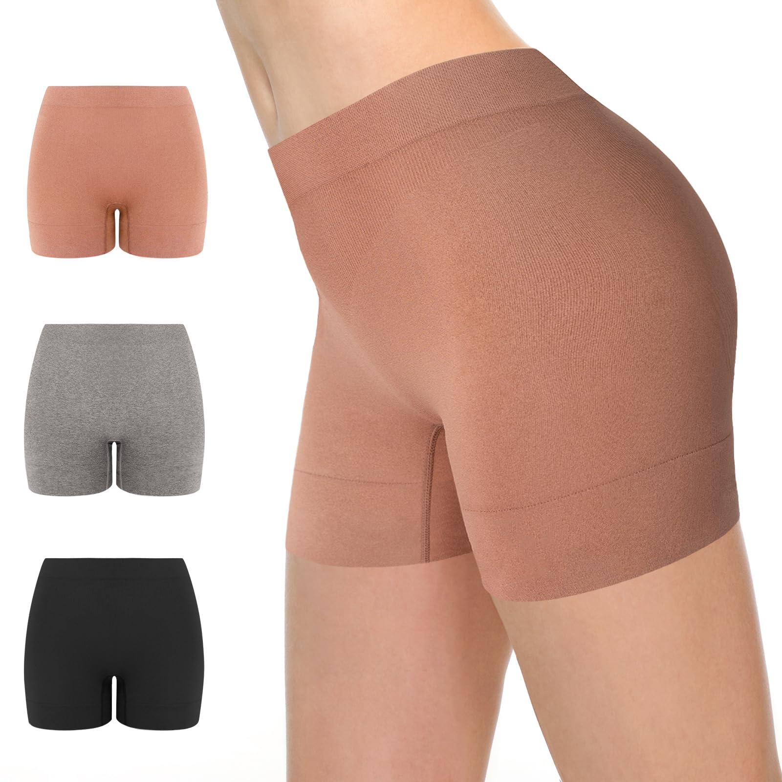 【送料無料】[POPKOK] ［ポップコー]ショーツ レディース 3D立体成型 シームレス 1分丈 ボクサーパンツ スポーツショーツ 肌着 3枚組 M-4L 色：ブラック/グレー/ダークヌード、サイズ：3L