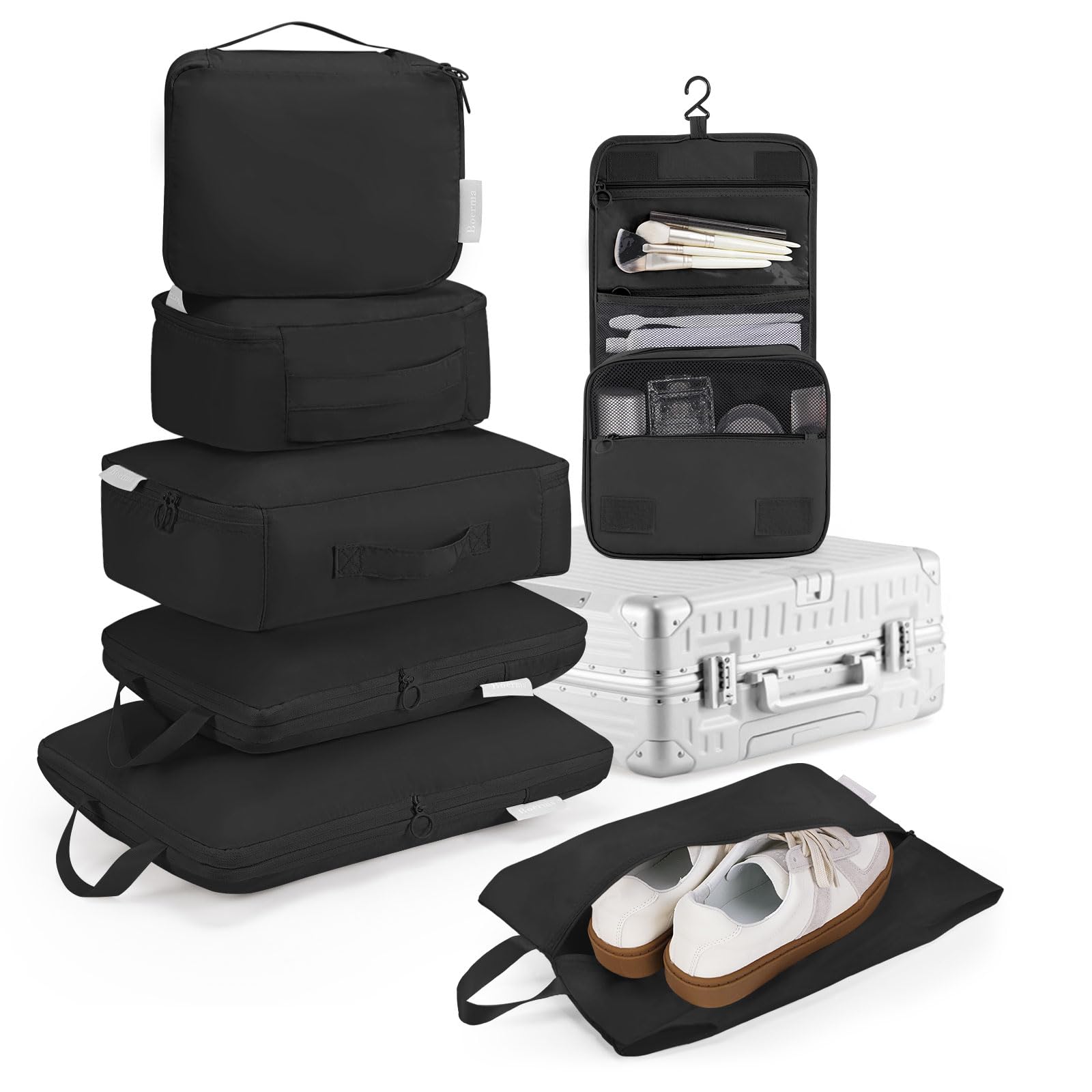 【送料無料】トラベルポーチ 圧縮 7点セット 旅行用ポーチ スペース40%節約 スーツケース仕分け 撥水加工 軽量 丈夫なファスナー圧縮 出張 旅行 便利グッズ 色：ブラック