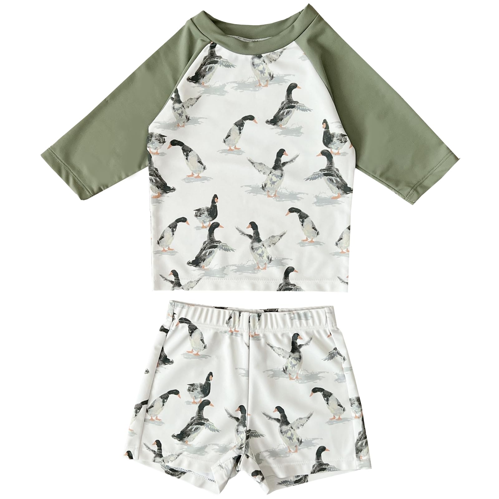 【送料無料】[GoUseGo] キッズ 水着 男の子 3点セット ラッシュガード水着 サーフパンツ 帽子 80〜130cm 子ども用水着 小学生 セパレート スイムウェア 子供 上下セット ベビー水着 赤ちゃん 幼児 保育園 幼稚園用 UPF50+ UVカット 色：ダック、サイズ：100