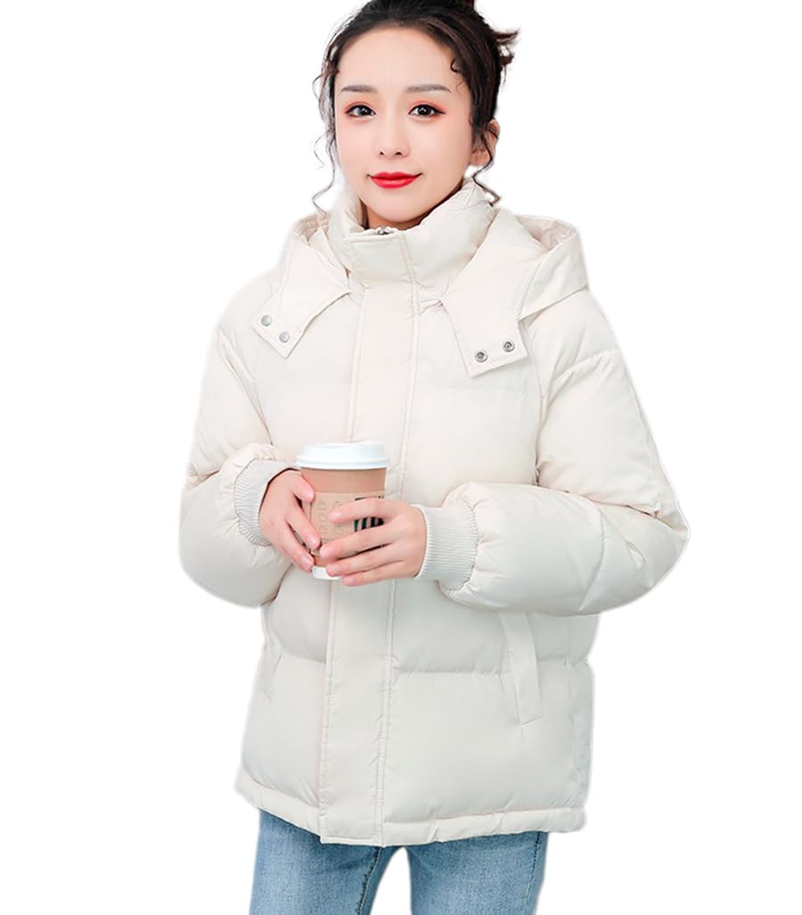 【送料無料】[BryQrvy] ダウンジャケット エコダウン アウター ジャケット 中綿ジャケット パーカー ボリューム 中綿入り 軽量 ショート丈 冬物 フード 綺麗 かわいい おしゃれ 大人 韓国風 冬用 防寒 防風 大きいサイズ レディース 秋冬 色：ベージュ、サイズ：S