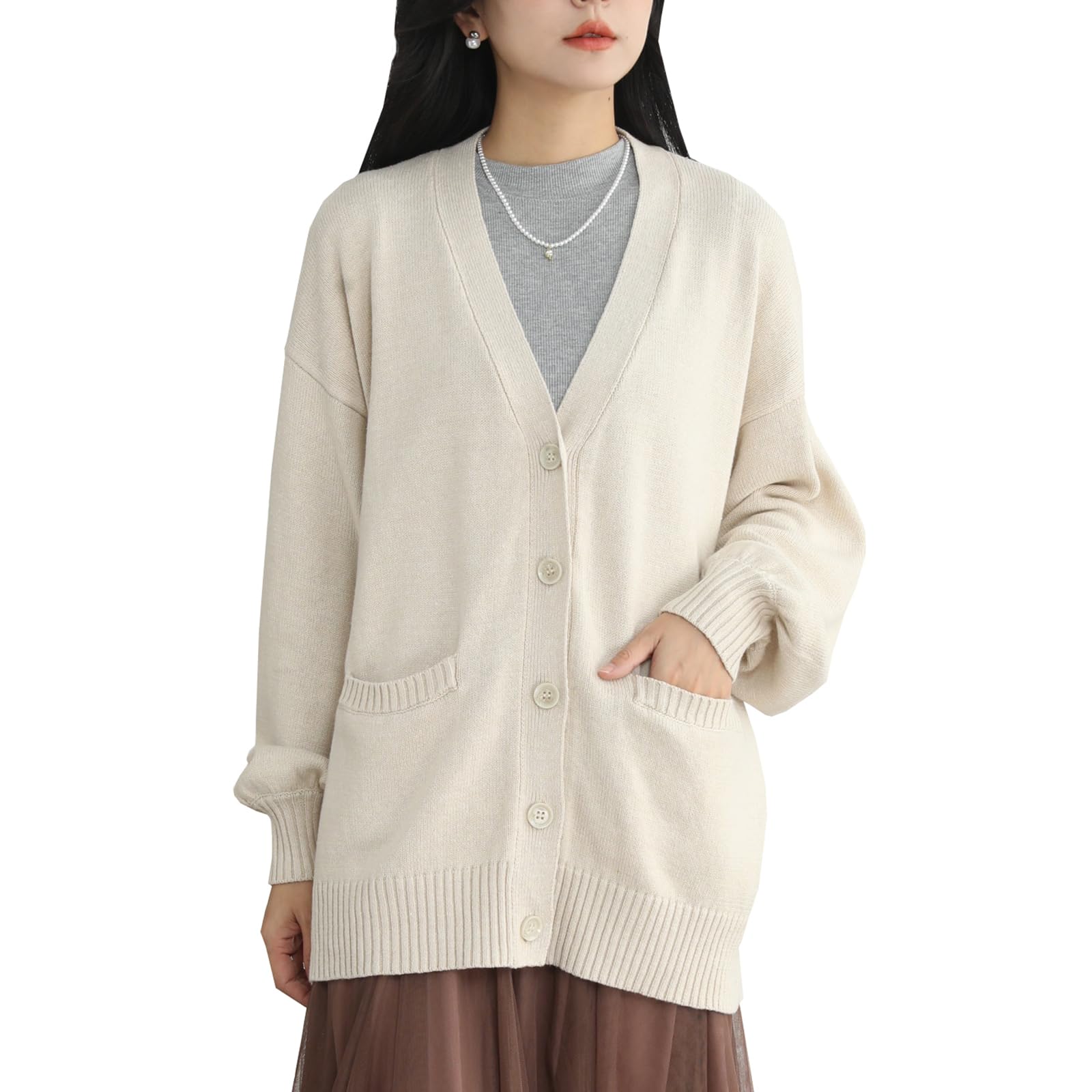 【送料無料】[zuevichn] レディース カーディガン 長袖 トップス ニット Vネック セーター 無地 大きい..