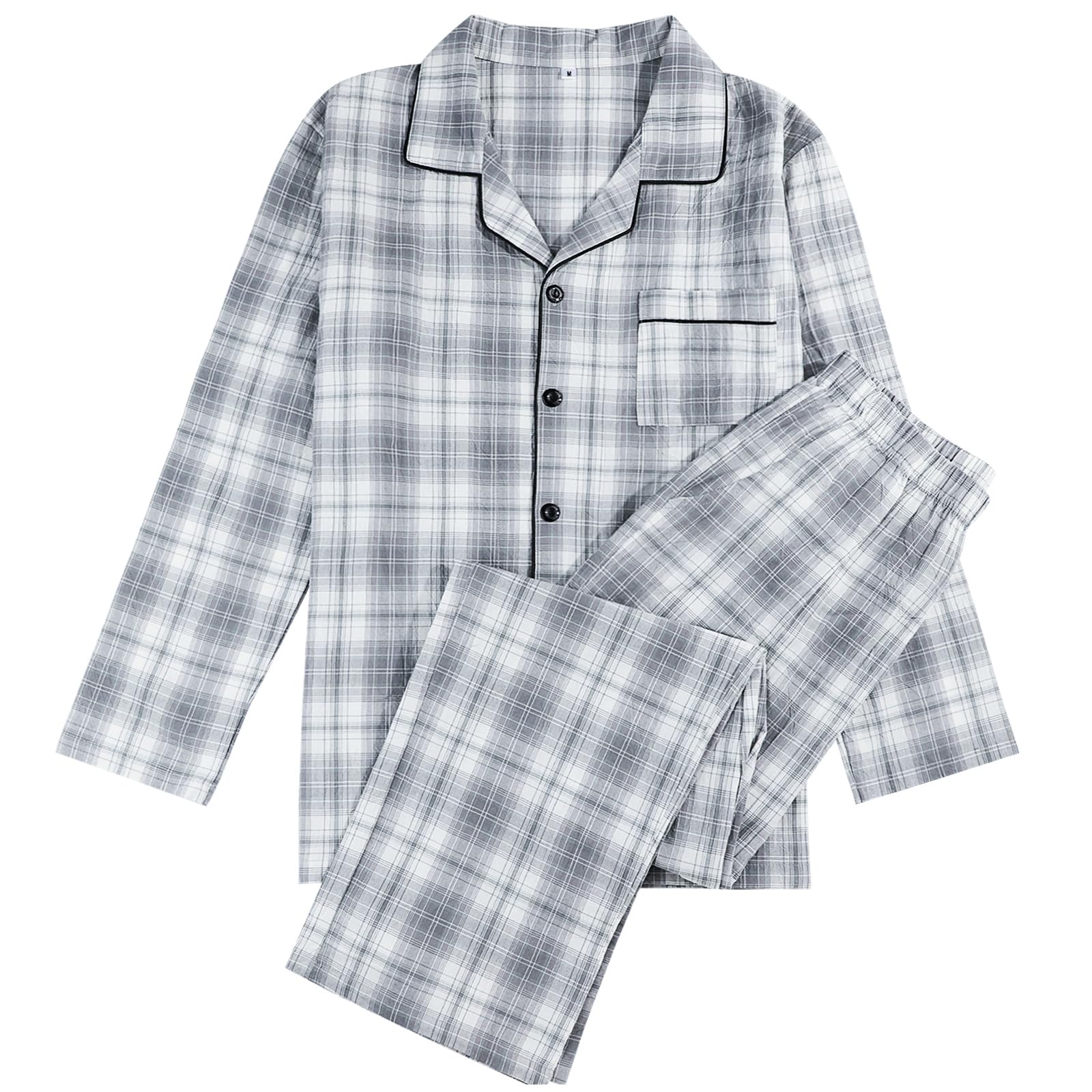 【送料無料】[Sumolux] パジャマ メンズ 綿100％ 春 長袖 前開き ガーゼ ルームウェア 上下セット チェック柄 柔らかい 吸汗通気 春夏秋 部屋着 入院着 色：グレー-02、サイズ：XL