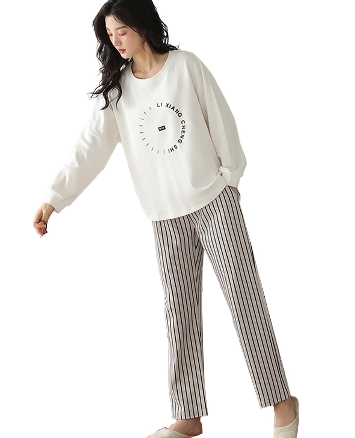 【送料無料】[Kayuuhin] パジャマ レディース ルームウェア 長袖 綿100 春秋 かわいい ゆったり 上下セット 部屋着 柔らか 吸汗 通気 快適 寝間着 プルオーバー カジュアル 色：ホワイト（K14A)、サイズ：XL