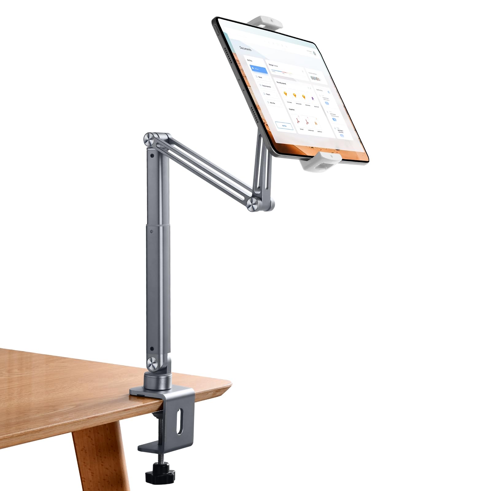 【送料無料】Nediea タブレット スタンド アーム 伸縮 360度回転 アルミニウム合金製 角度調整可能 3つの関節 折り畳み式 縦横両対応 4-12.9インチ機器互換 色：シルバー