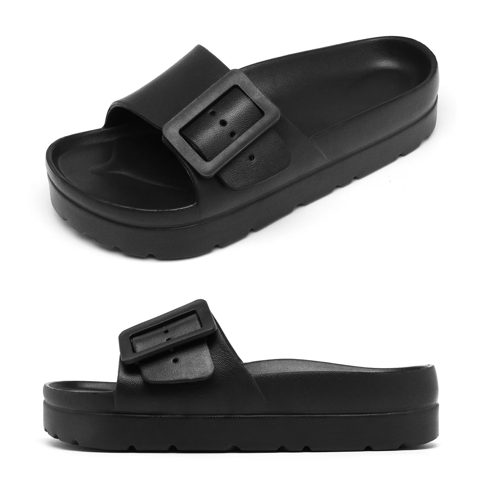 【送料無料】[kamafy] サンダル 厚底 レディース スリッパ バックル オフィス おしゃれ アーチサポート 室内 夏用 EVA 色：B-ブラック、サイズ：23.0 cm