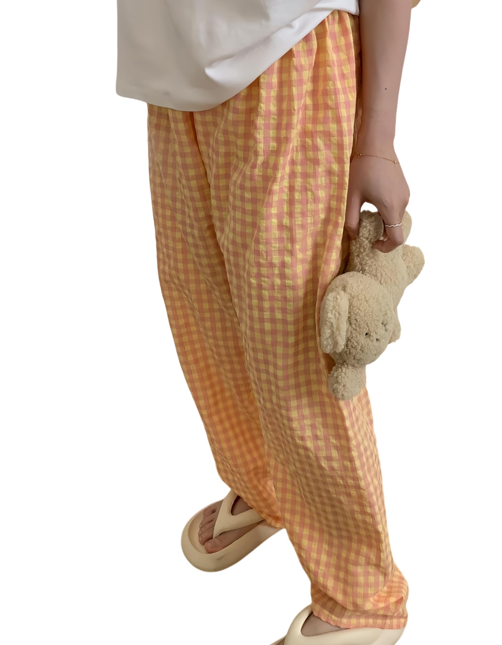 【送料無料】[newsight] レディースパジャマパンツ ルームパンツ 格柄 肌に優しい ルームウェアボトムス 長パンツ リラックス 薄手 部屋着 快眠 春夏秋 色：オレンジ、サイズ：Free Size