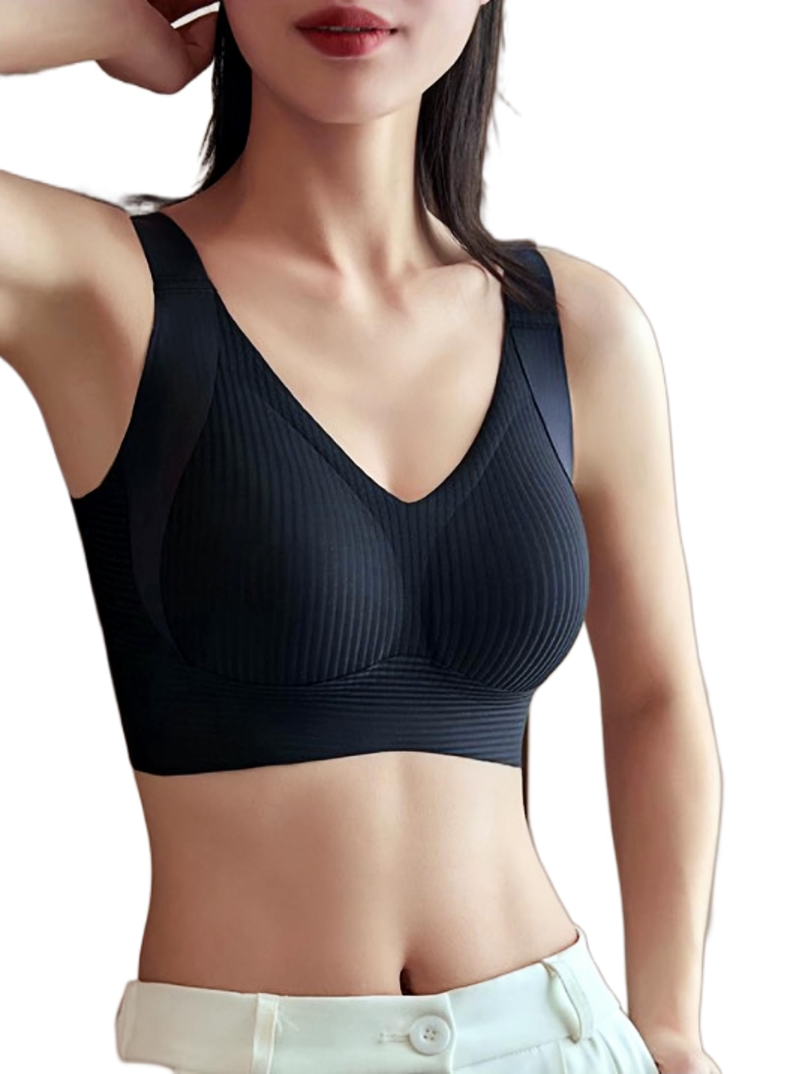 【送料無料】[YOUMMY] ワイヤレスブラ ノンワイヤー ぽっちゃり 通気性・揺れ軽減・見痩せ・ホールド力 ブラジャー 女性用下着 大きいサイズ レディース 脇高 ぶら 調整可能 ノンワイヤーブラ 昼夜兼用 色：ブラック、サイズ：L