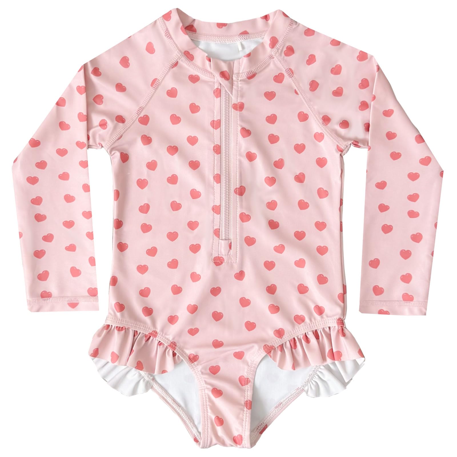 【送料無料】[GoUseGo] キッズ ワンピース 水着 女の子 2点セット 長袖ラッシュガード キャップ付き 80〜130cm 子供用水着 小学生 スイムウェア 赤ちゃん ベビー水着 幼児 幼稚園 保育園用 オールインワン水着 日焼け止め 色：ピンク・ハート、サイズ：110 Regular