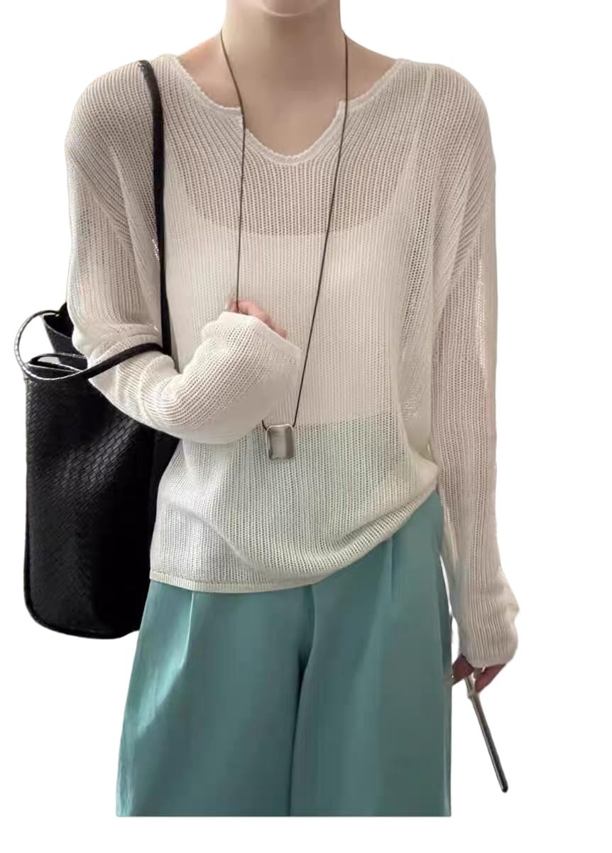 【送料無料】[xppe] サマーニット レディース Vネック 長袖 カットソー 重ね着 薄手 プルオーバー ゆっ..