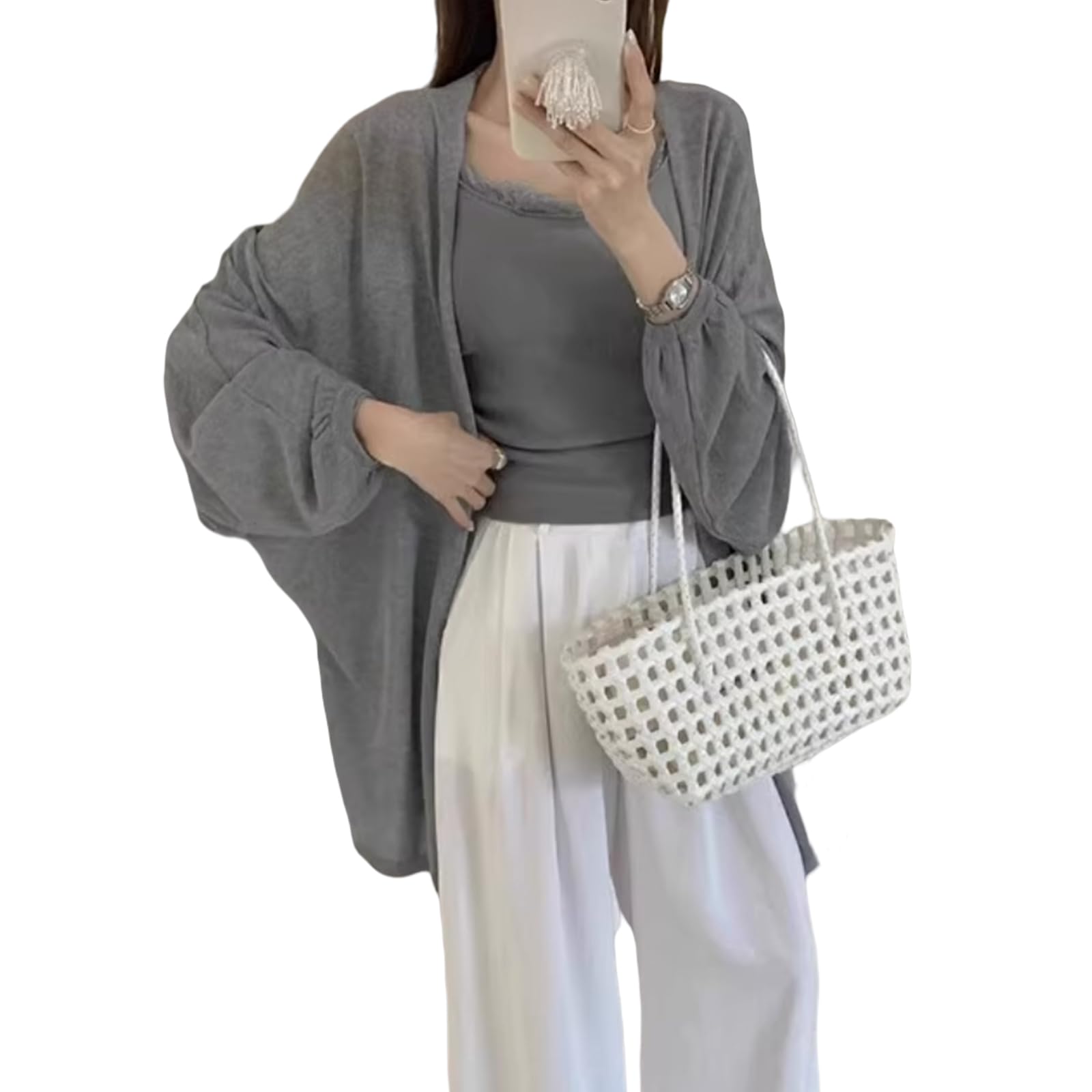 【送料無料】[xppe] カーディガン レディース ロング サマーニット トップス 羽織り 長袖 UVカット 冷房対策 日焼け止め 大きいサイズ ゆったり 薄手 無地 おしゃれ きれいめ お出掛け 春 夏 色：グレー2、サイズ：L