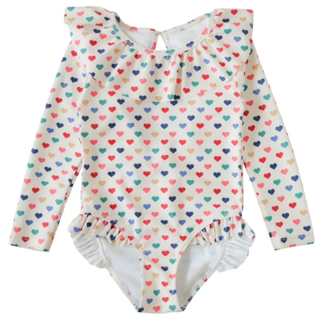 【送料無料】[GoUseGo] キッズ 水着 ワンピース 女の子 長袖ラッシュガード キャップ付き 子供用 スイムウェア オールインワン 幼児 赤ちゃん ベビー水着 80cm 90cm 100cm 110cm 120cm 130cm 幼稚園 保育園用 日焼け止め 色：ハート、サイズ：110