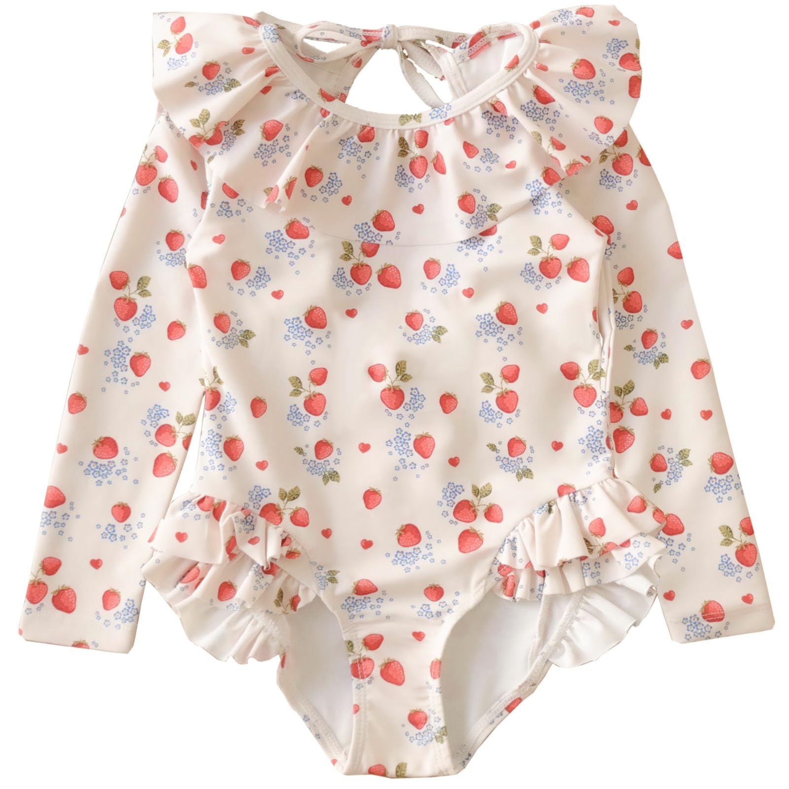 【送料無料】[GoUseGo] キッズ 水着 ワンピース 女の子 長袖ラッシュガード キャップ付き 子供用 スイムウェア オールインワン 幼児 赤ちゃん ベビー水着 80cm 90cm 100cm 110cm 120cm 130cm 幼稚園 保育園用 日焼け止め 色：イチゴ、サイズ：110