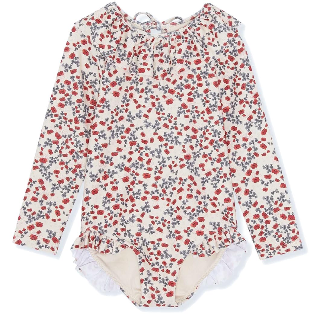 【送料無料】[GoUseGo] キッズ 水着 ワンピース 女の子 長袖ラッシュガード キャップ付き 子供用 スイムウェア オールインワン 幼児 赤ちゃん ベビー水着 80cm 90cm 100cm 110cm 120cm 130cm 幼稚園 保育園用 日焼け止め 色：レッド花、サイズ：110