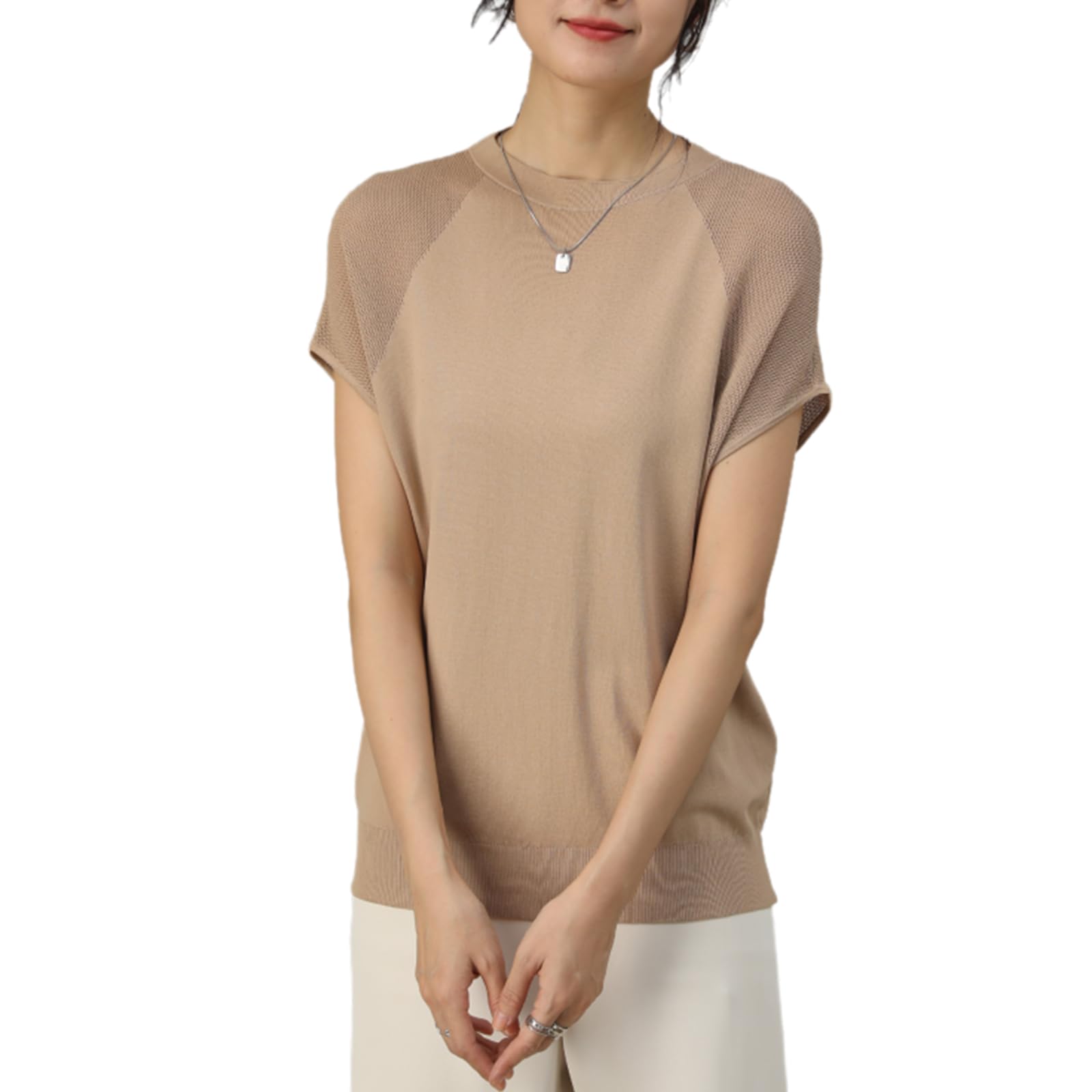 【送料無料】[zuevichn] サマーニット レディース 半袖 カットソー 薄手 トップス 普段着 無地 通気 快..