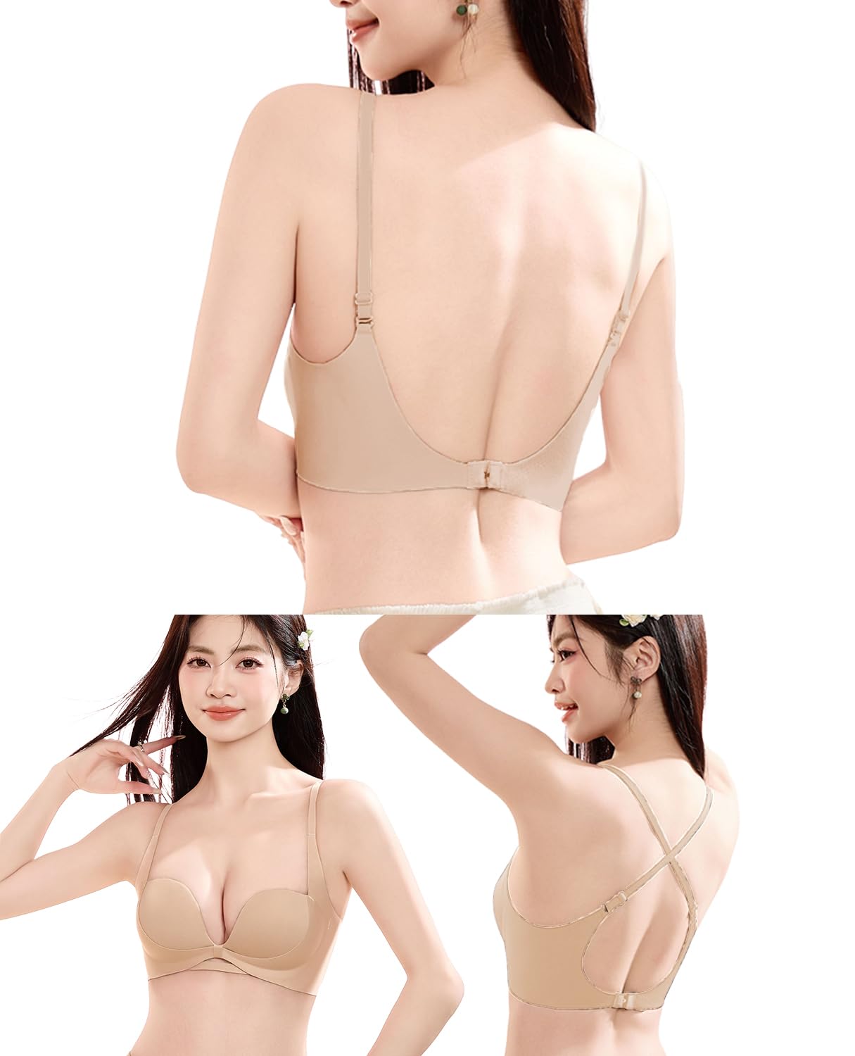 【送料無料】[Kayuuhin] ブラ 背中見せ シームレス ノンワイヤー 上薄下厚カップ 1列フック U字バック魅せ 肩・背中見せブラ 着こなし レディース 背中見せインナー ドレス休暇 調節可能ダブルストラップ 色：肌色（T8123）、サイズ：L